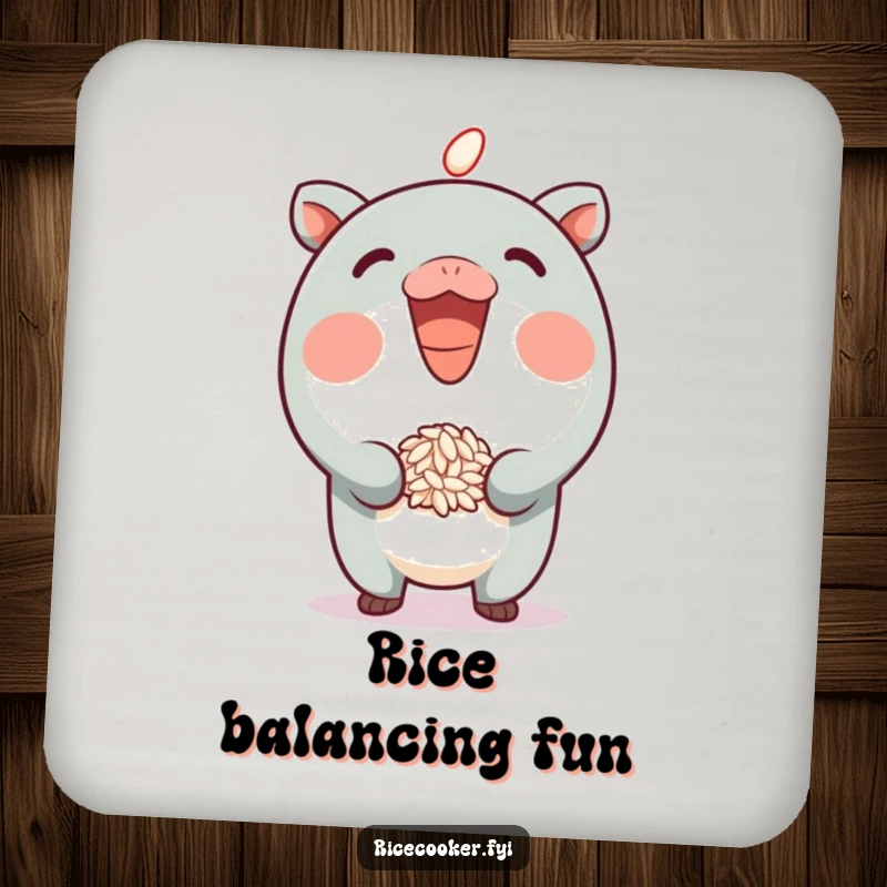 Funny Drink Coaster with a grinning character playfully bouncing a grain of rice on its spout, a humorous and protective accessory.