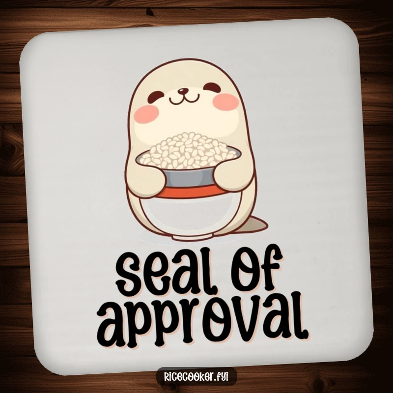 Funny drink coaster with a smiling seal balancing a bowl of rice on its nose, a humorous and practical addition to any table.