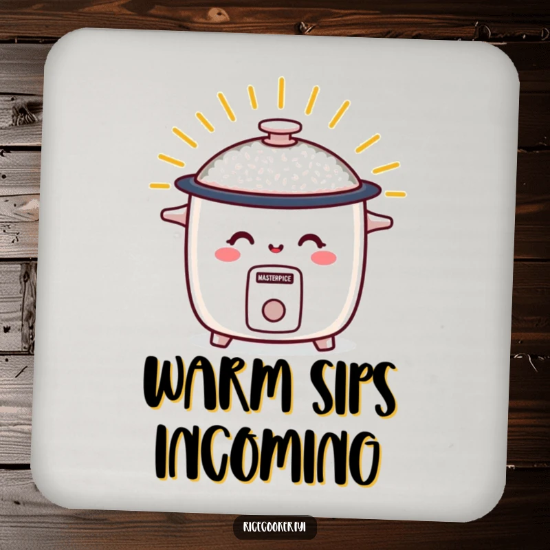 Funny drink coaster featuring a smiling rice cooker radiating warm energy, a humorous and protective kitchen accessory.