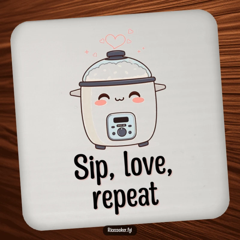 Funny coaster showing a smiling rice cooker, with steam creating a heart shape.