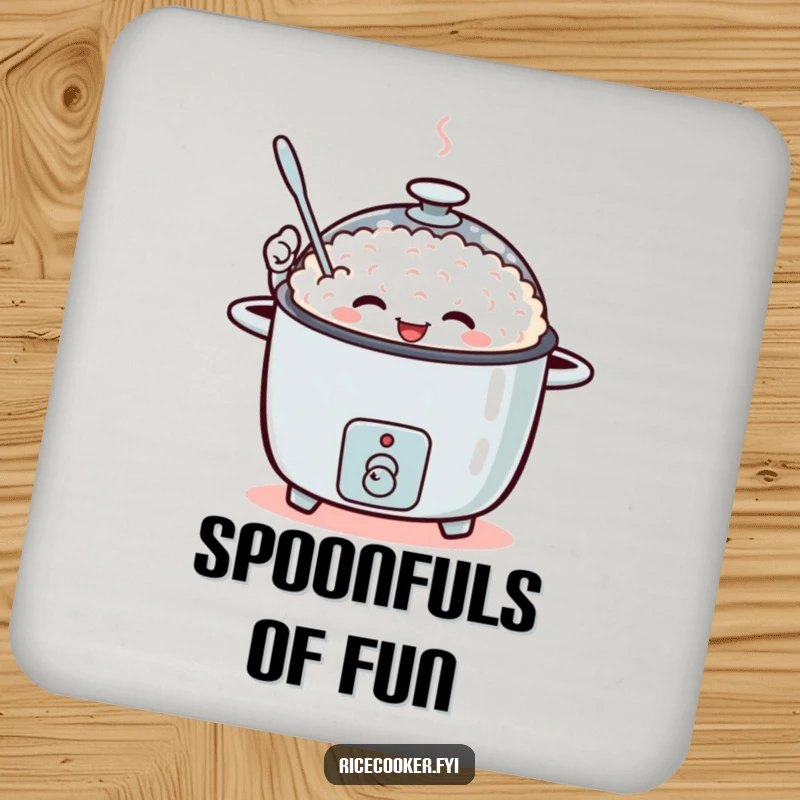 Funny coaster showing a rice cooker enthusiastically waving a small spoon.