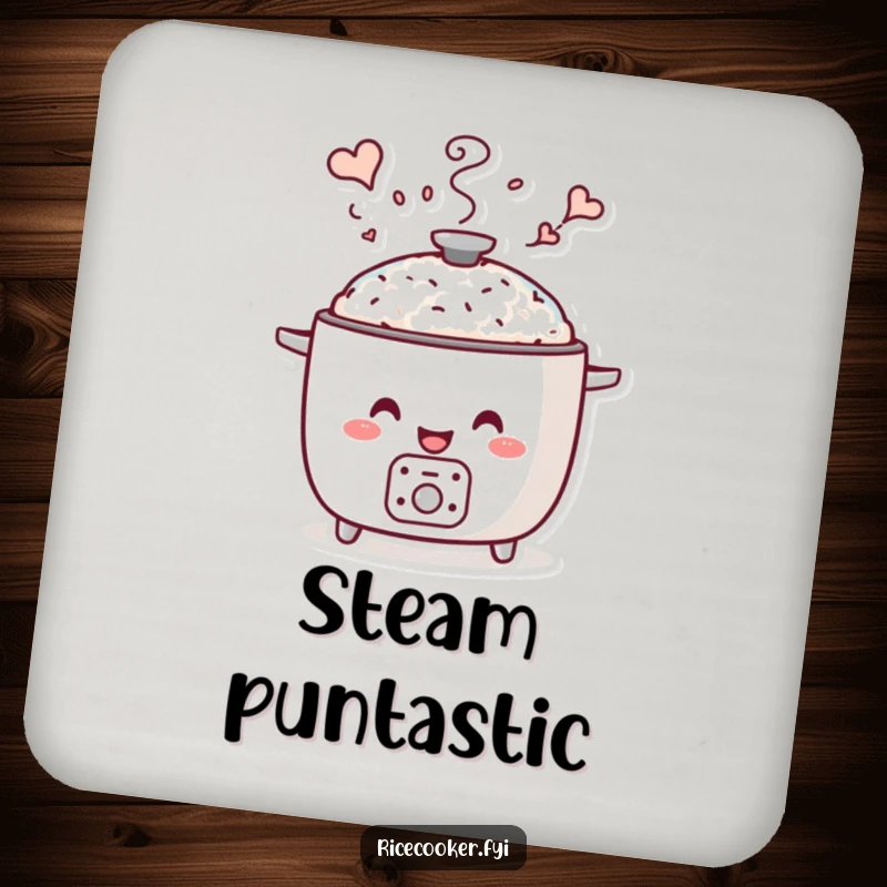 Funny whimsical steam drink coaster showing a smiling rice cooker with steam forming enchanting shapes, perfect for magical tables.