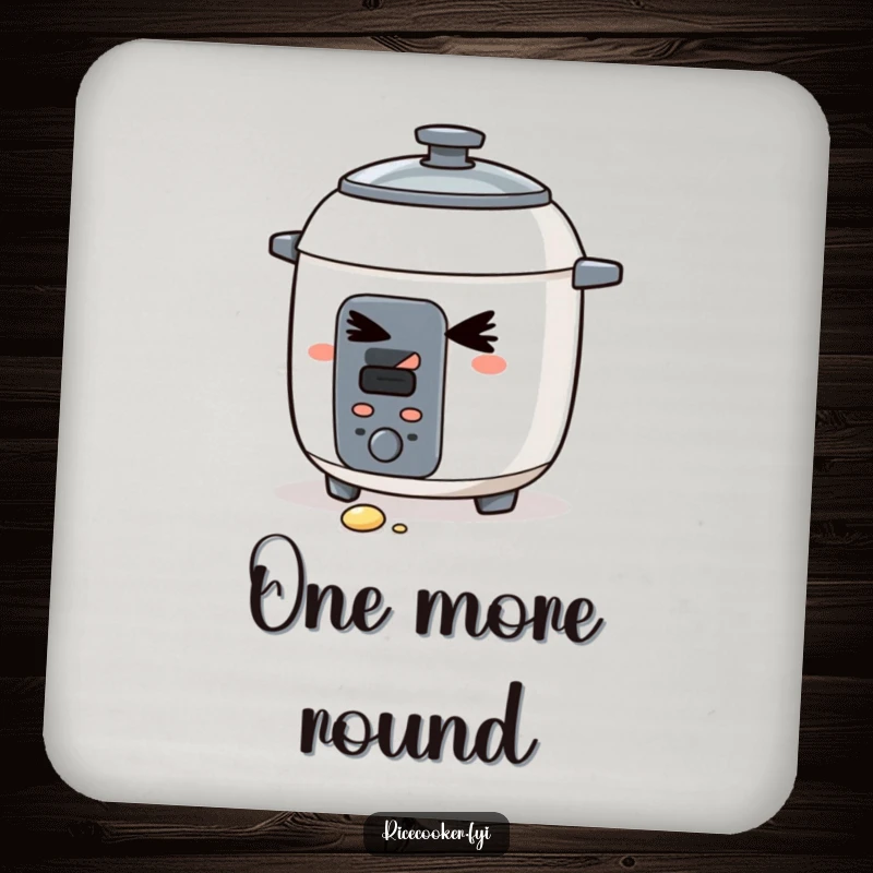 Funny drink coaster featuring a slyly winking rice cooker with a dropped grain. Protects surfaces with humorous charm, great funny gift.