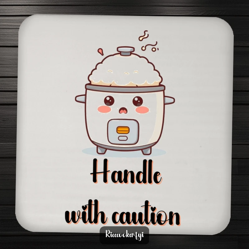 Funny surprised rice cooker drink coaster with a smoky puff, protecting surfaces with humor.