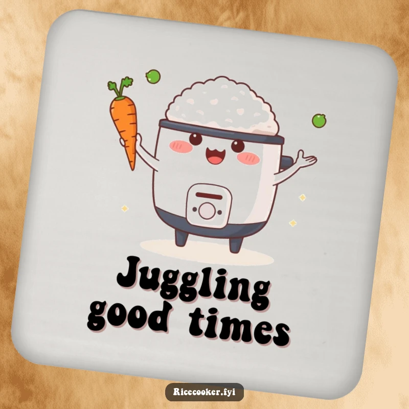 Funny drink coaster with a happy rice cooker juggling a carrot and a pea, adding culinary skill and humor to tabletops.