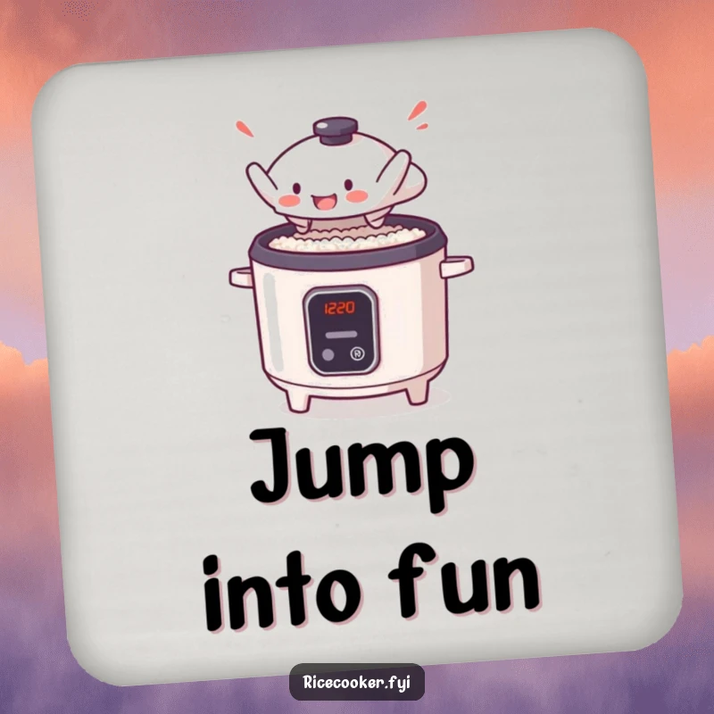 Funny drink coaster depicting a small rice cooker lid mid-leap, ready for an anime-inspired kitchen adventure.