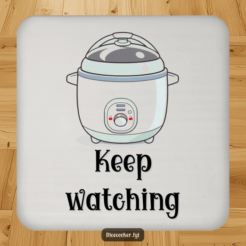 Funny drink coaster featuring a bouncy rice cooker with its button blinking like an eye. Protects surfaces with humorous charm, great funny gift.