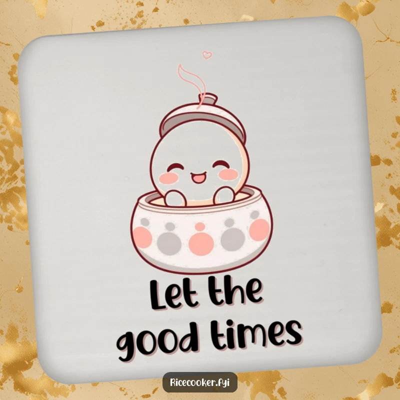 Funny drink coasters featuring a round, smiling character popping its lid open with gentle steam, adding warmth.