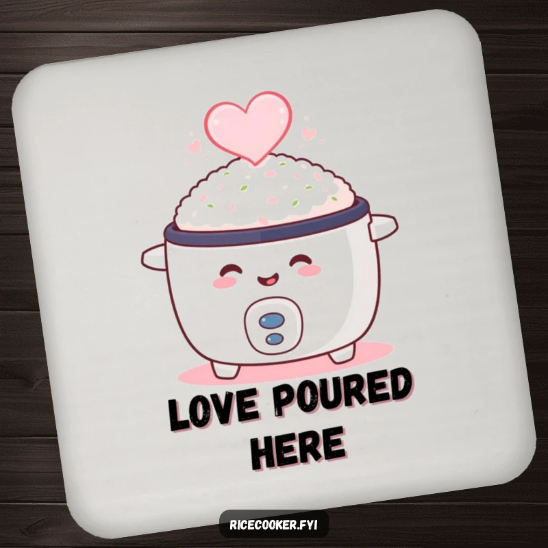 Funny drink coaster with a smiling rice cooker emitting heart-shaped steam, adding culinary love and humor to tabletops.