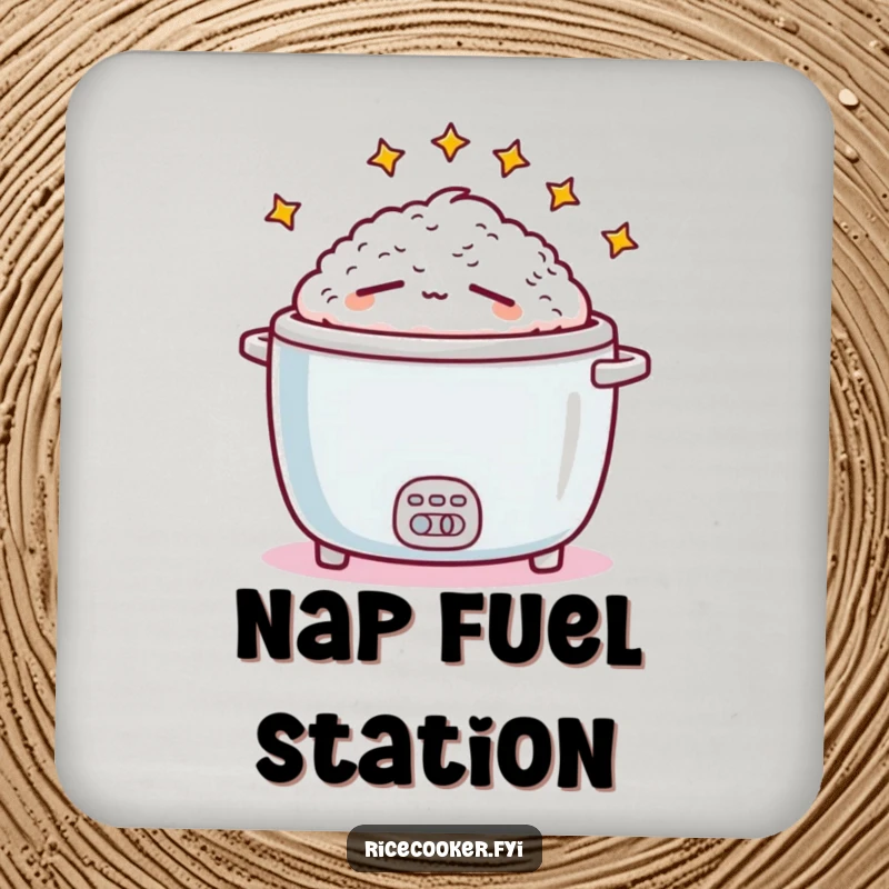 Funny sleepy rice cooker graphic on protective drink coasters, perfect for coffee tables and adding a humorous touch.