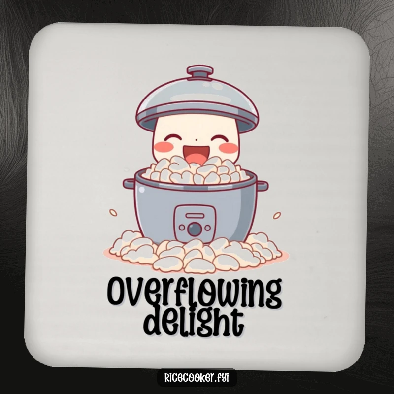 Funny drink coaster with a delighted rice cooker joyfully spilling perfect fluffy rice, a humorous and protective kitchen accessory.