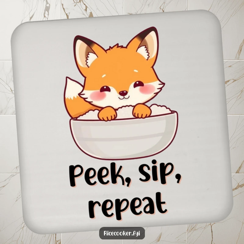 Funny fox coaster showing a curious fox peeking from behind a steaming rice lid, ideal for drink service.