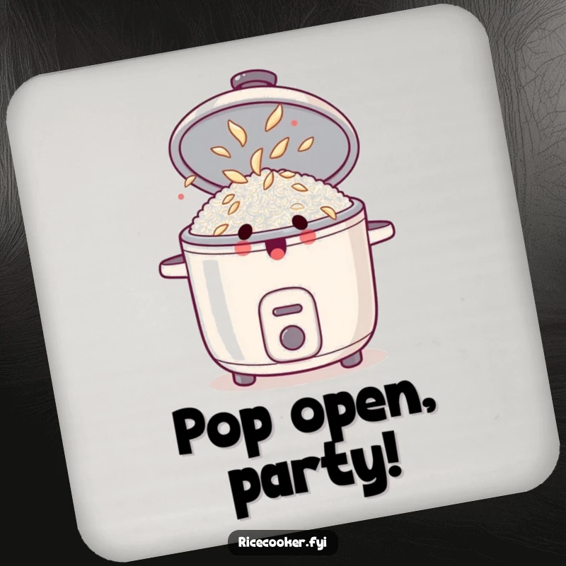 Funny drink coaster with a surprised rice cooker, lid open, showing dancing rice grains, adding kitchen fun to tabletops.