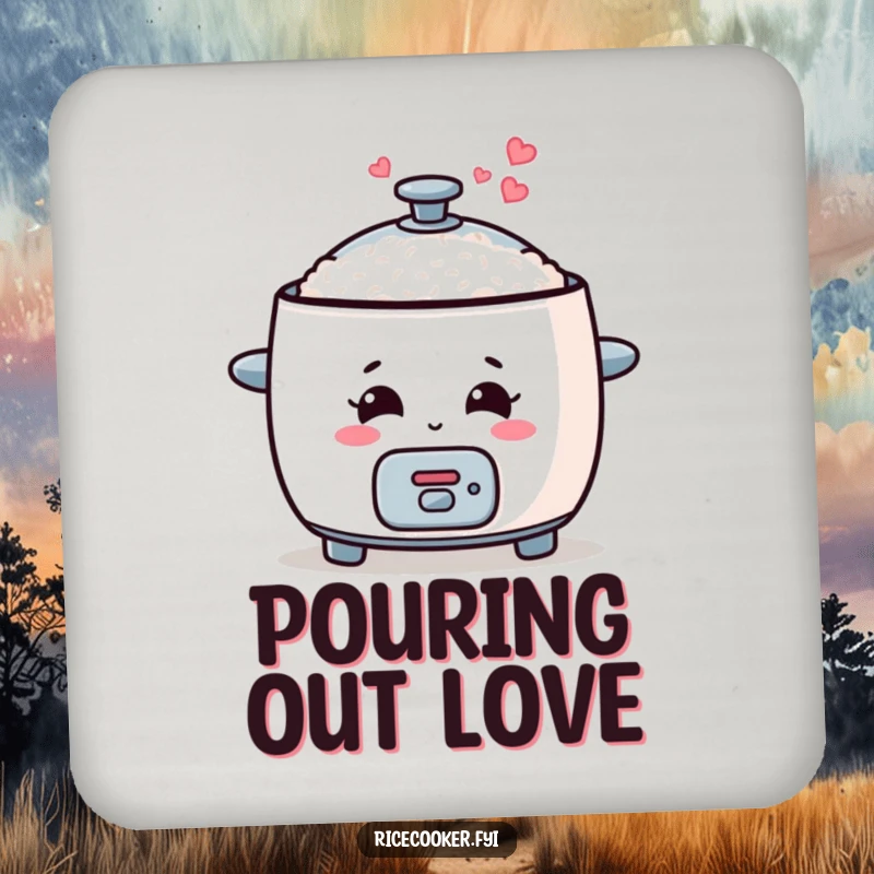 Funny rice cooker coasters featuring a smiling appliance with steam hearts, protecting surfaces with cuteness.