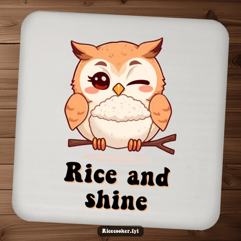 Funny drink coaster with a winking owl presenting a rice ball, a humorous and practical addition to any coffee table.