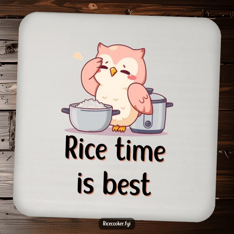 Funny owl coaster featuring a sweating owl by a rice cooker, a humorous coaster for drinks and protection.