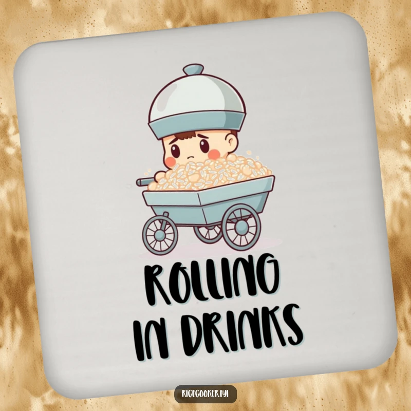 Funny drink coaster showcases a determined rice cooker pushing a cart full of rice, a humorous home accessory for achievers.