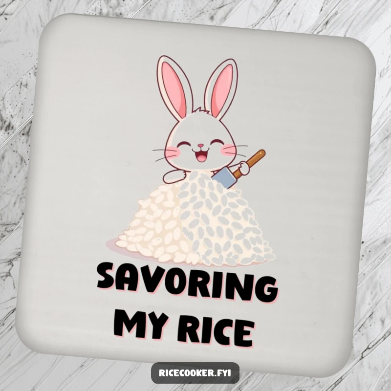 Funny joyful bunny patting a mound of rice with a tiny spatula, looking proud and happy, a practical funny coaster.