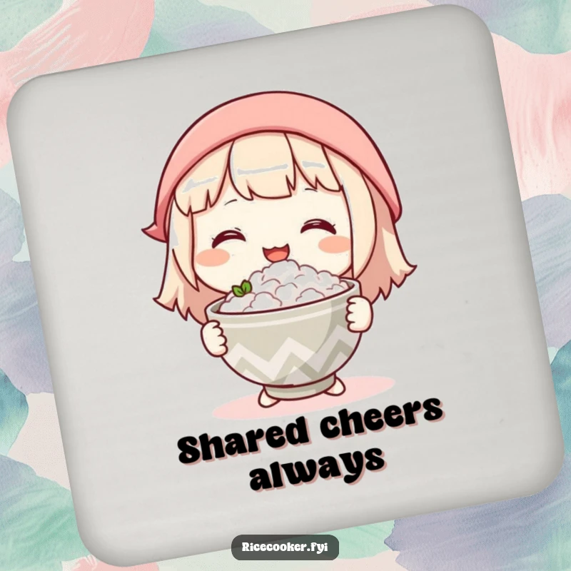 Funny drink coaster with a character gently offering a warm bowl of rice with a kind smile, adding warmth to any surface.