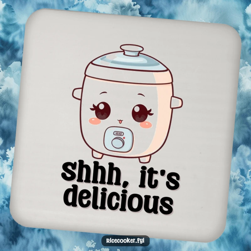 Funny coaster showing a small rice cooker with wide eyes, giving a playful wink.