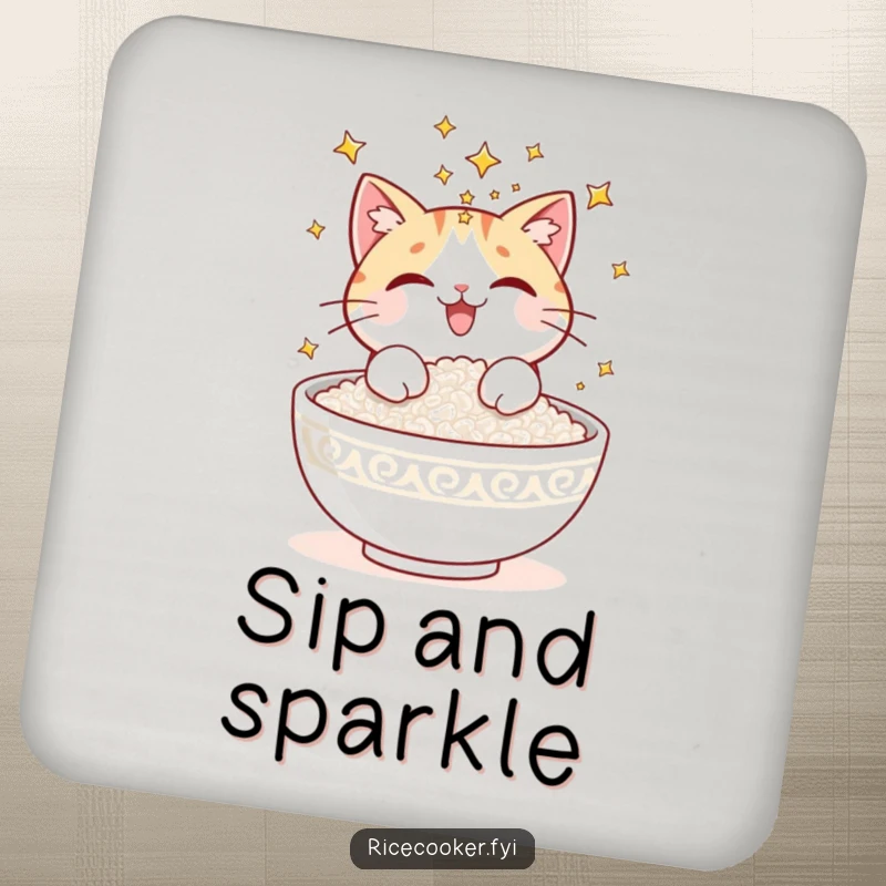 Funny drink coasters adorned with a delighted cat sprinkling stars onto a bowl of rice, adding a magical touch to your table.