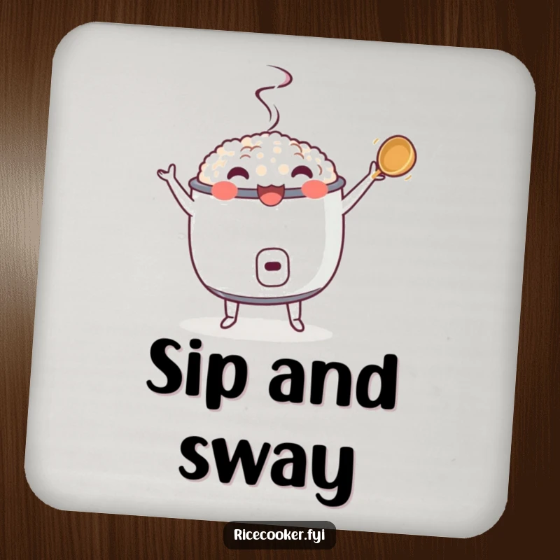 Funny drink coaster featuring a dancing rice cooker with a twirling ladle, a humorous and protective kitchen accessory.