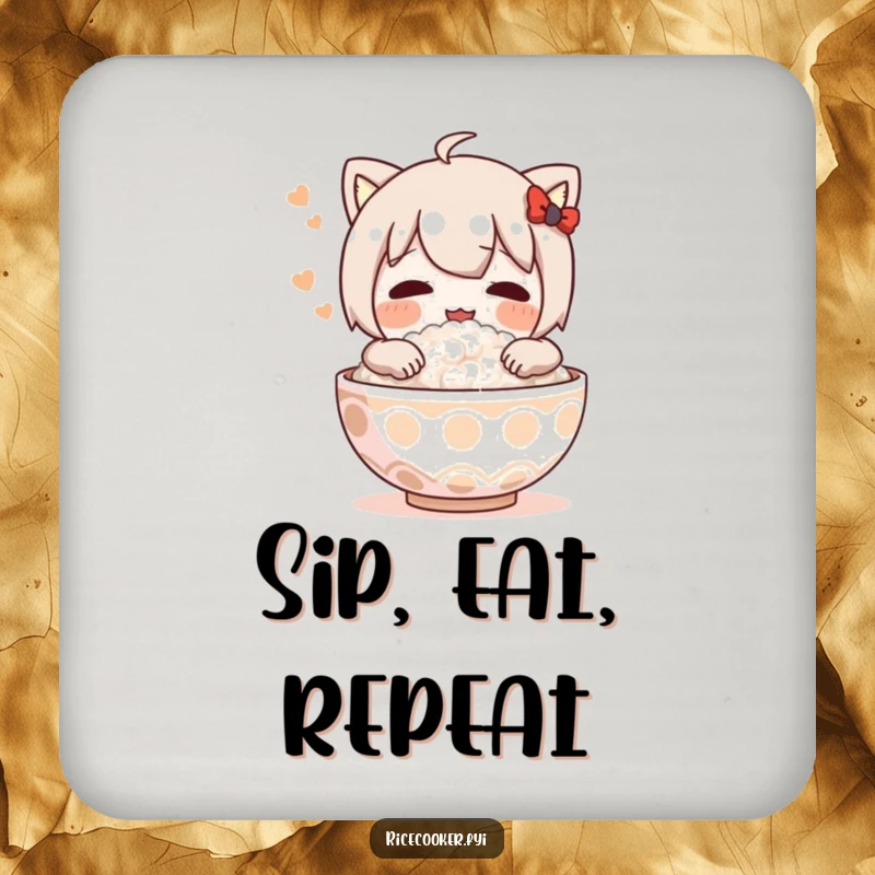 Funny drink coaster featuring a character embracing a steaming bowl of rice, adding a touch of culinary humor to any surface.