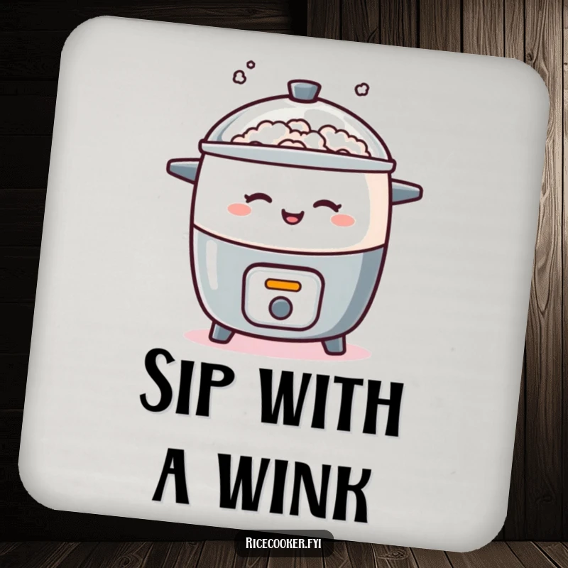 Funny drink coaster with a rice cooker playfully winking and puffing steam, a humorous and protective kitchen accessory.