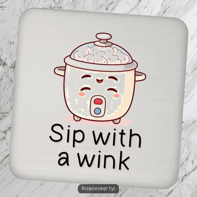 Funny rice cooker coasters featuring a mischievous wink and a slightly open lid, protecting surfaces with charm.