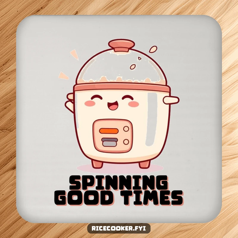 Funny rice cooker character joyfully spinning on a set of drink coasters, adding kitchen humor.