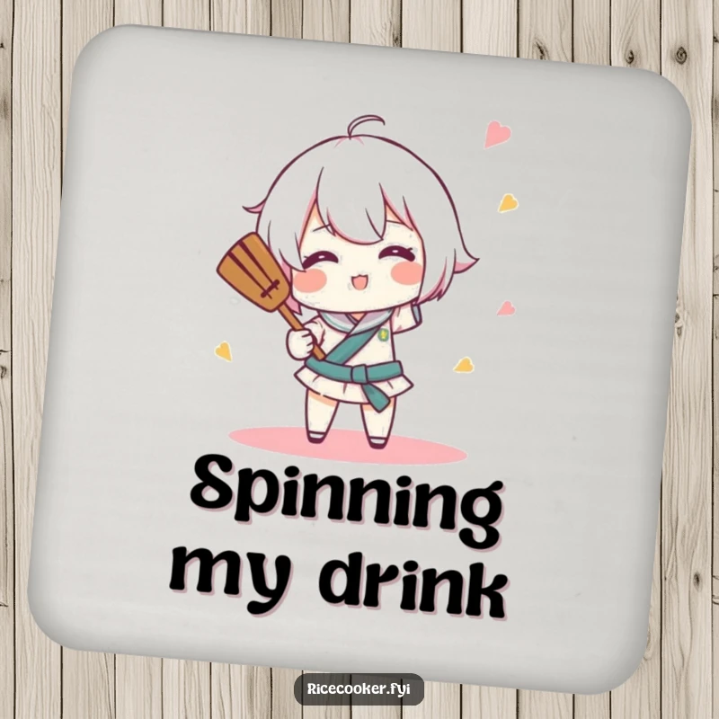 Funny coasters with a character comically spinning a rice paddle like a tiny baton, safeguarding tables with culinary performance humor.