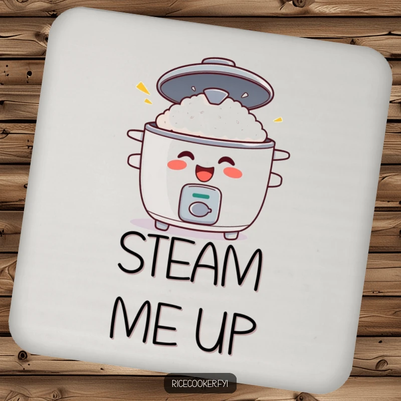 Funny drink coaster depicting a grinning rice cooker with its lid popping open in surprise, adding a touch of humor.