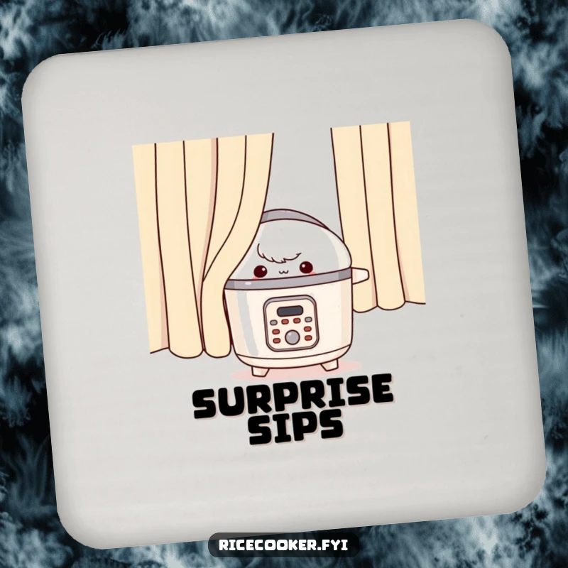 Funny rice cooker coaster, appliance peeking mischievously from behind a curtain, playful table protection.