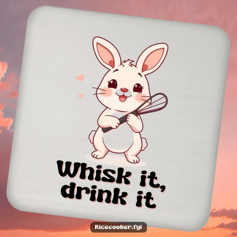 Funny bunny coaster showing a playful bunny holding a tiny whisk, ready to stir rice, ideal for drink service.