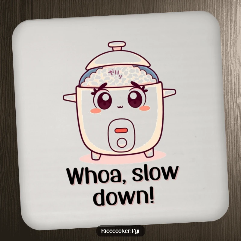 Funny rice cooker coasters featuring shocked cartoon eyes and a popping lid, protecting tables with humor.