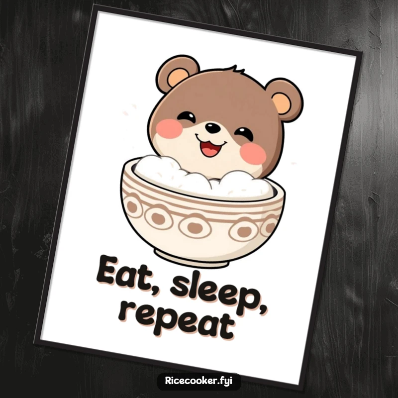 Funny cheerful bear with a wide grin popping out of a steaming bowl, presented as a vibrant wall poster.