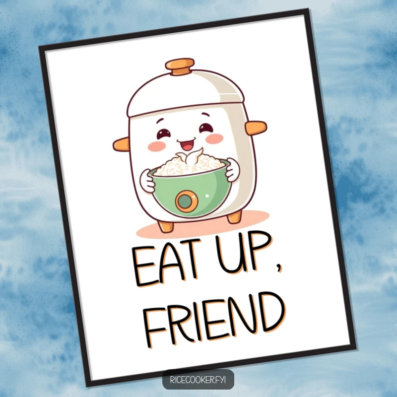 Funny poster art of a smiling rice cooker with a welcoming gesture, offering a steaming bowl of rice, embodying hospitality on your wall.