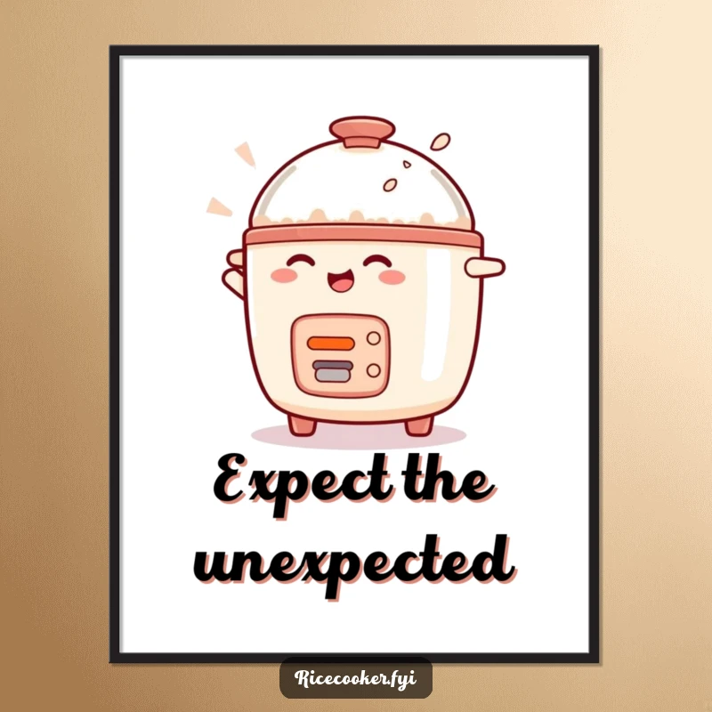 Funny rice cooker character caught in a happy spin, bringing kitchen cheer to wall art.