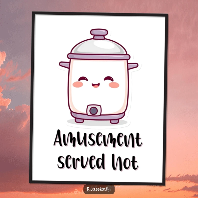 Funny smiling rice cooker character with its lid tilted in amusement, perfect for humorous wall art.