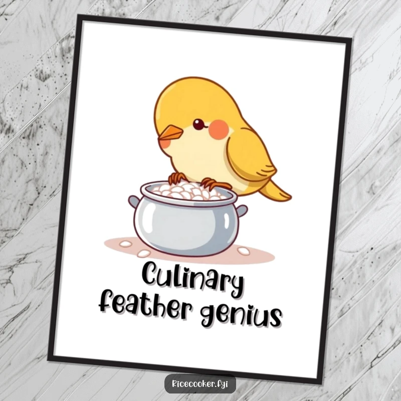 Funny determined bird tending a small, bubbling pot of rice, displayed as inspiring wall art.