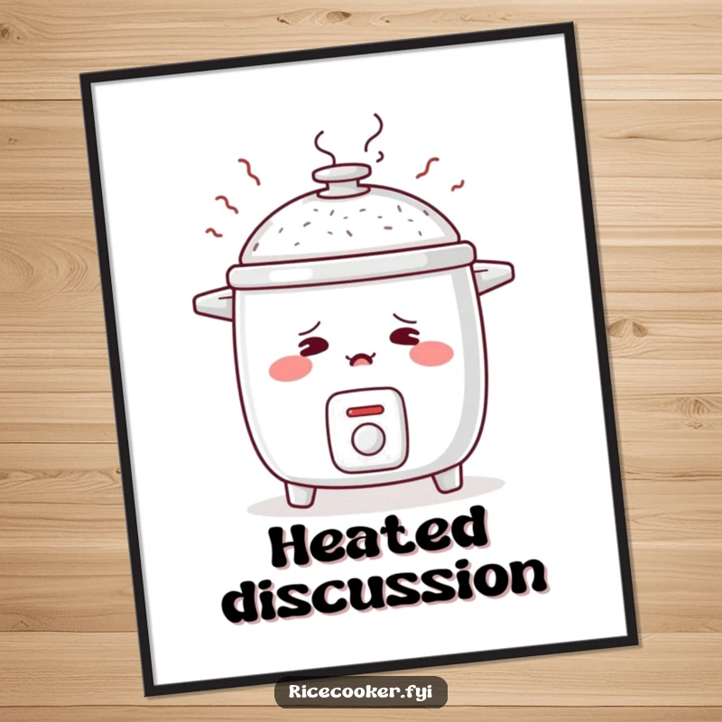 Funny poster art of a shy rice cooker blushing with steam rising like embarrassed sighs, adding a touch of sweet humor to any wall.