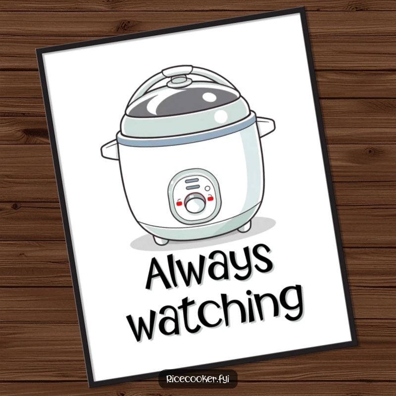 Funny poster art of a bouncy rice cooker with its button blinking like an expressive eye. Ideal funny gift for whimsical decor.
