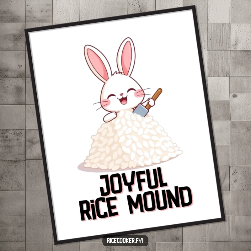 Funny joyful bunny patting a mound of rice with a tiny spatula, looking proud and happy, humorous kitchen art.