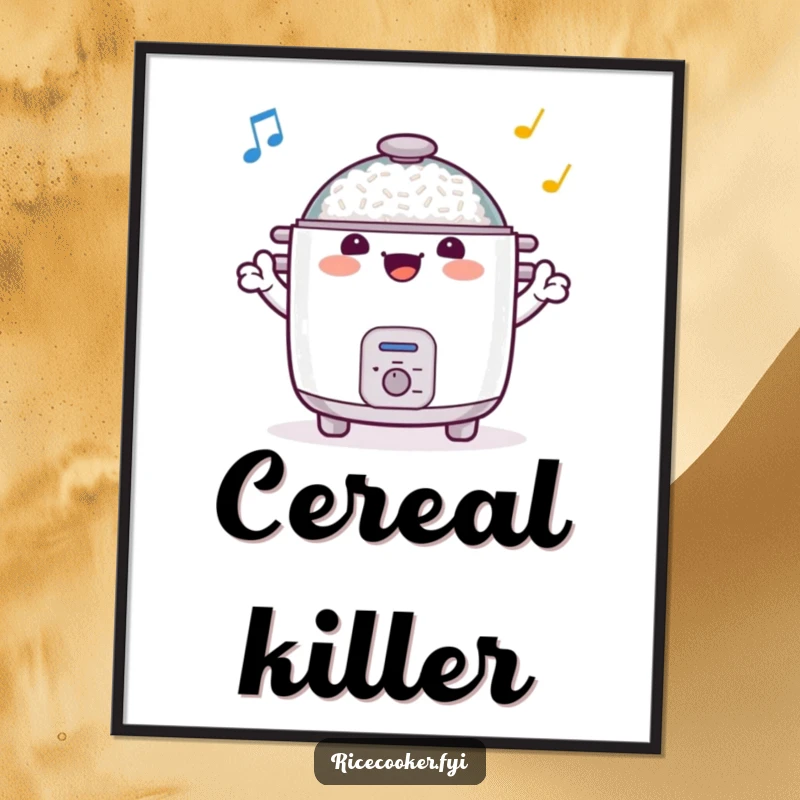 Funny poster art of a smiling rice cooker conducting an imaginary orchestra with its arms, bringing a harmonious and humorous energy to any wall.