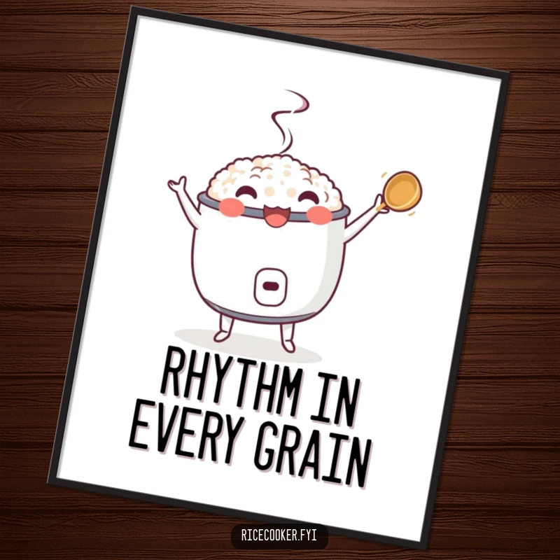 Funny poster of a dancing rice cooker with an enthusiastically twirling ladle, dynamic and humorous wall art for a cheerful atmosphere.
