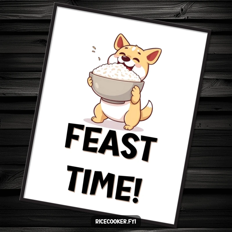 Funny dog rice poster art. A happy dog excitedly presents a giant bowl of steaming rice with a flourish.