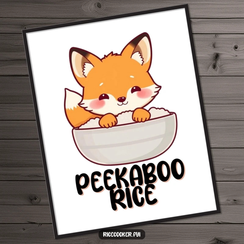 Funny fox poster featuring a curious fox peeking out from behind a steaming rice lid, adding whimsical charm.