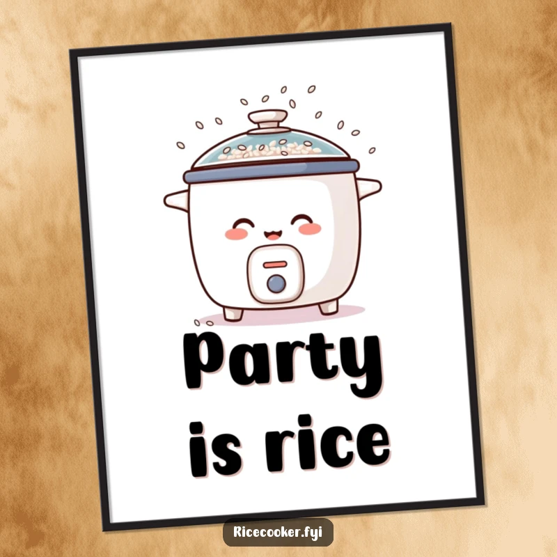 Funny poster art of a rice cooker mid-giggle, with rice grains cascading like confetti from its lid, bringing humorous energy to any wall.