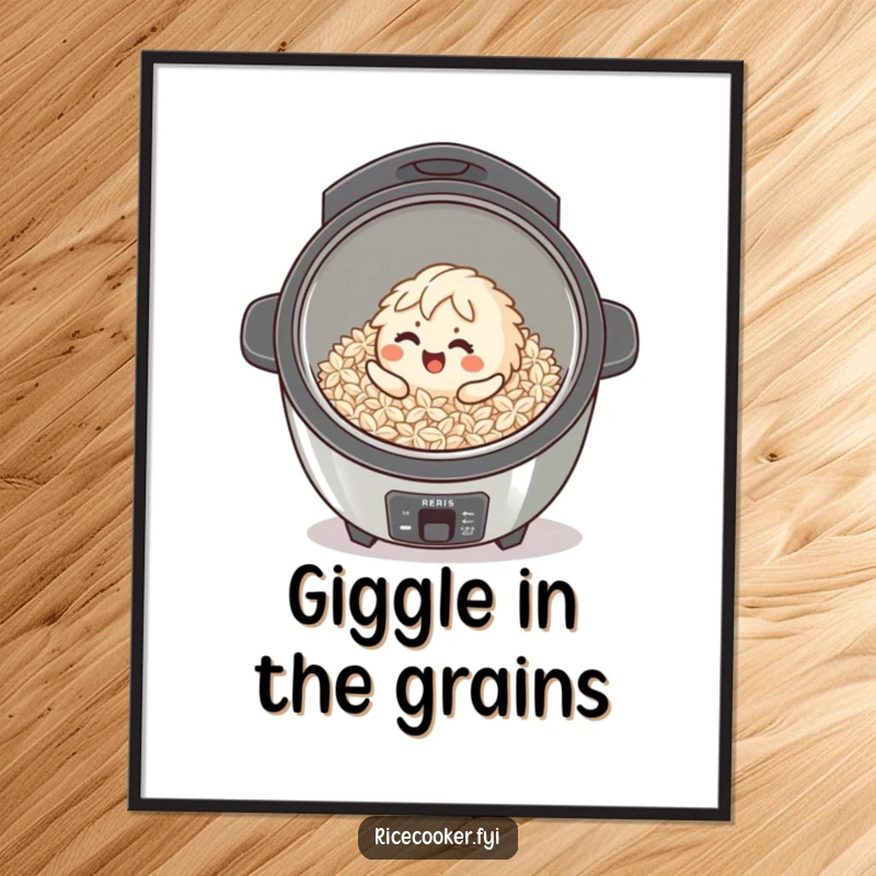 Funny giggling rice grain character rolling with glee inside a clean rice cooker, presented as wall art.