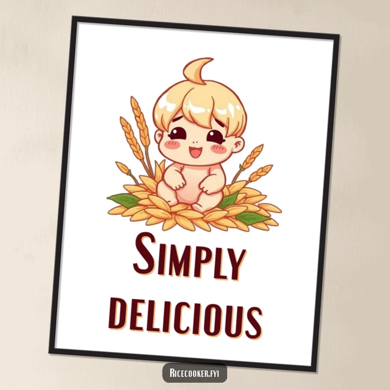 Funny poster art of a cheerful character sitting happily amidst perfectly cooked grains, representing culinary satisfaction.